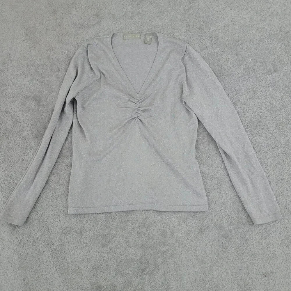 Kate Hill Women's M Metallic Knit Ruched V-Neckline Long Sleeve Top 28CT